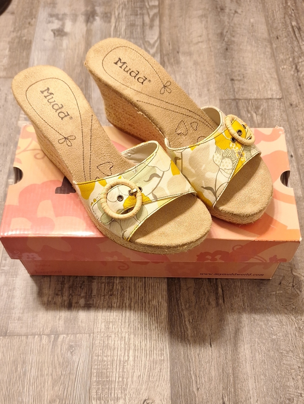 Mudd Yellow Floral Cork Wedge Sandals